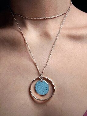 Vintage T&R Signed Hammered look Long Pendant Necklace - 35" Long